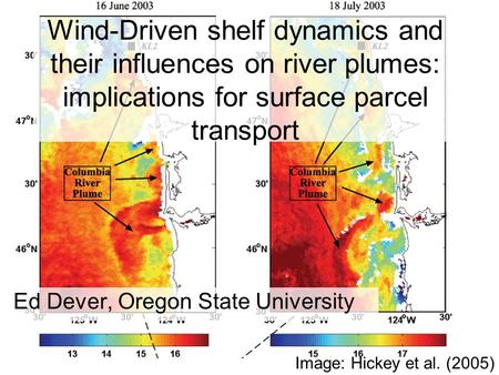 Wind-Driven shelf dynamics and their influences on river plumes: implications for surface parcel transport Ed Dever, Oregon State University Image: Hickey.