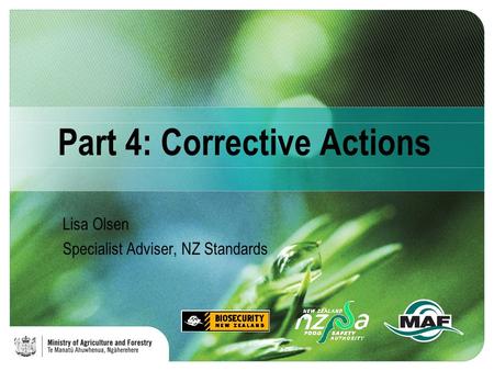 Part 4: Corrective Actions Lisa Olsen Specialist Adviser, NZ Standards.
