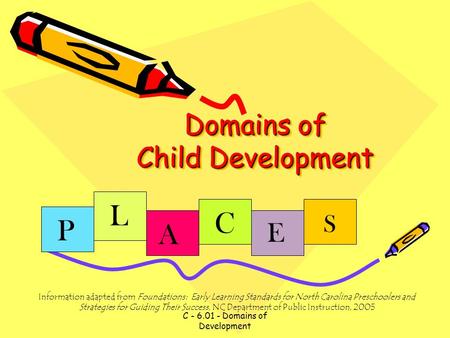 C - 6.01 - Domains of Development Domains of Child Development P L A C E S Information adapted from Foundations: Early Learning Standards for North Carolina.