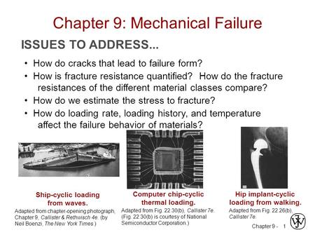 Chapter 9 - 1 ISSUES TO ADDRESS... How do cracks that lead to failure form? How is fracture resistance quantified? How do the fracture resistances of the.