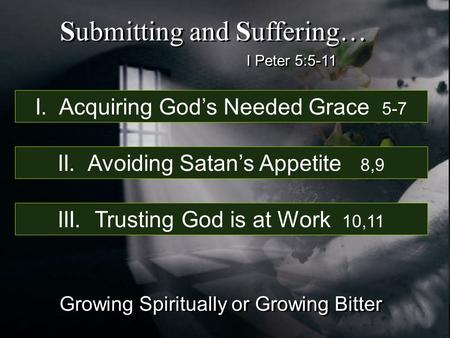I Peter 5:5-11 Submitting and Suffering… Growing Spiritually or Growing Bitter I. Acquiring God’s Needed Grace 5-7 II. Avoiding Satan’s Appetite 8,9 III.