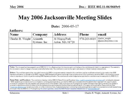 Doc.: IEEE 802.11-06/0669r0 Submission May 2006 Charles R. Wright, Azimuth Systems, Inc.Slide 1 May 2006 Jacksonville Meeting Slides Notice: This document.
