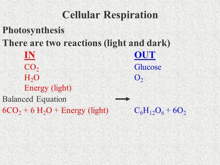 Cellular Respiration Photosynthesis There are two reactions (light and dark) INOUT CO 2 Glucose H2OH2OO2O2 Energy (light) Balanced Equation 6CO 2 + 6 H.