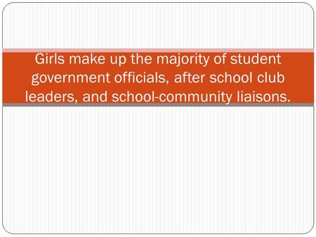 Girls make up the majority of student government officials, after school club leaders, and school-community liaisons.
