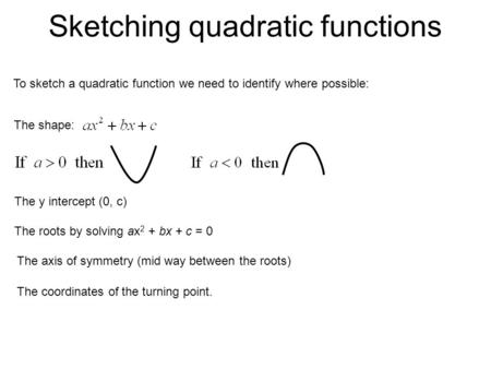 Sketching quadratic functions To sketch a quadratic function we need to identify where possible: The y intercept (0, c) The roots by solving ax 2 + bx.