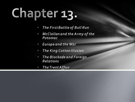 The First Battle of Bull Run McClellan and the Army of the Potomac Europe and the War The King C0tton Illusion The Blockade and Foreign Relations The Trent.