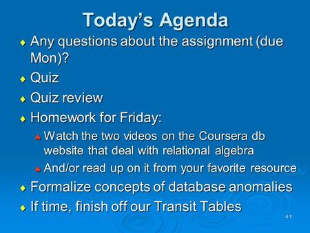 Today’s Agenda  Any questions about the assignment (due Mon)?  Quiz  Quiz review  Homework for Friday:  Watch the two videos on the Coursera db website.