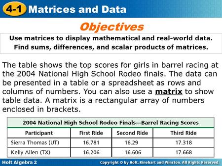 Holt Algebra 2 4-1 Matrices and Data The table shows the top scores for girls in barrel racing at the 2004 National High School Rodeo finals. The data.