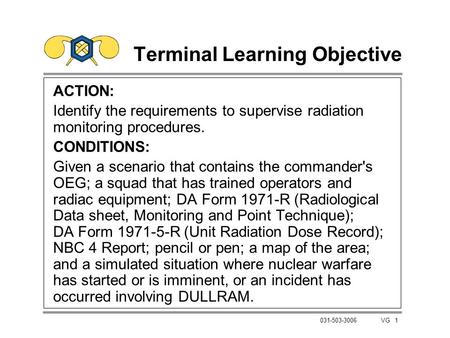 1 031-503-3006 VG Terminal Learning Objective ACTION: Identify the requirements to supervise radiation monitoring procedures. CONDITIONS: Given a scenario.