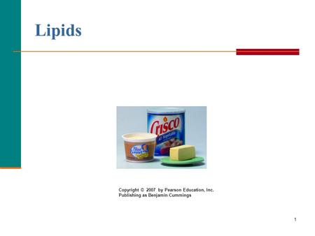 1 Lipids Copyright © 2007 by Pearson Education, Inc. Publishing as Benjamin Cummings.