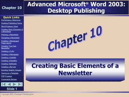 Chapter 10 Quick Links Slide 1 Performance Objectives Desktop Publishing Terms Word Features Used Creating Basic Elements of a Newsletter Planning a Newsletter.