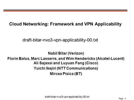 Draft-bitar-nvo3-vpn-applicability-00.txt Page - 1 Cloud Networking: Framework and VPN Applicability draft-bitar-nvo3-vpn-applicability-00.txt Nabil Bitar.