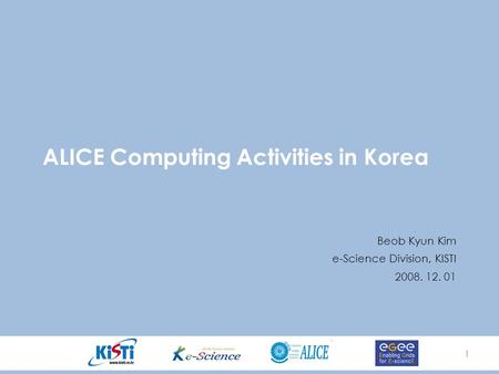 11 ALICE Computing Activities in Korea Beob Kyun Kim e-Science Division, KISTI 2008. 12. 01.