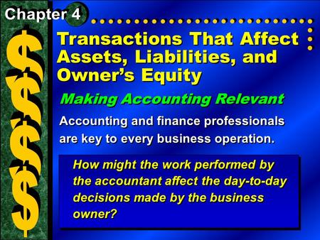 Transactions That Affect Assets, Liabilities, and Owner’s Equity Making Accounting Relevant Accounting and finance professionals are key to every business.