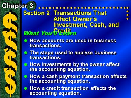 Section 2 Transactions That Affect Owner’s Investment, Cash, and Credit What You’ll Learn   How accounts are used in business transactions.   The steps.