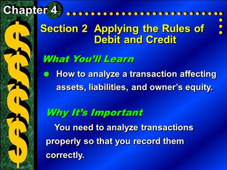 Section 2Applying the Rules of Debit and Credit What You’ll Learn  How to analyze a transaction affecting assets, liabilities, and owner’s equity. What.