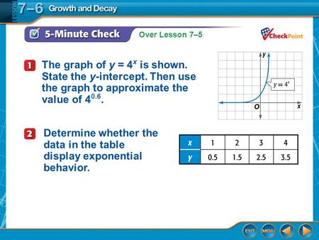 Over Lesson 7–5 5-Minute Check 1 The graph of y = 4 x is shown. State the y-intercept. Then use the graph to approximate the value of 4 0.6. Determine.