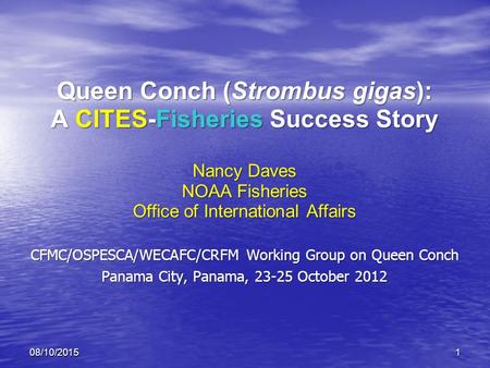 08/10/20151 Queen Conch (Strombus gigas): A CITES-Fisheries Success Story Nancy Daves NOAA Fisheries Office of International Affairs CFMC/OSPESCA/WECAFC/CRFM.