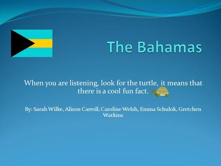 When you are listening, look for the turtle, it means that there is a cool fun fact. By: Sarah Wilke, Alison Carroll, Caroline Welsh, Emma Schulok, Gretchen.