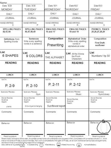 Parent Note: At the end of the week, this sheet comes home with unfinished work squared in INK. Completed with is marked with and “X”. Work that is not.