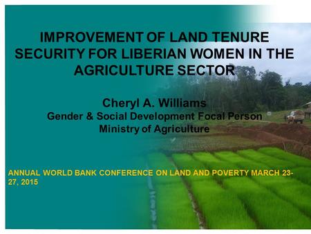 IMPROVEMENT OF LAND TENURE SECURITY FOR LIBERIAN WOMEN IN THE AGRICULTURE SECTOR Cheryl A. Williams Gender & Social Development Focal Person Ministry of.