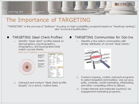 The Importance of TARGETING TARGETING Ideal Client Profiles: i. Identify “ideal client” profiles based on demographics, psychographics, infographics, and.