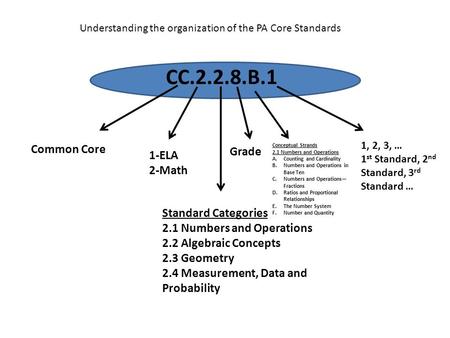 CC.2.2.8.B.1 Common Core 1, 2, 3, … 1 st Standard, 2 nd Standard, 3 rd Standard … Standard Categories 2.1 Numbers and Operations 2.2 Algebraic Concepts.