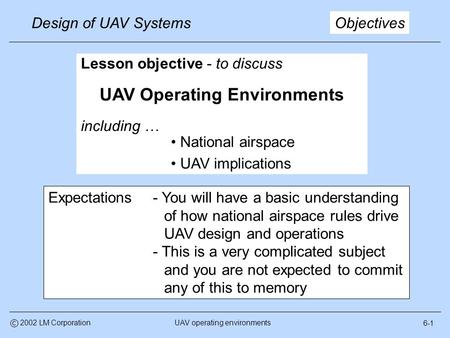6-1 Design of UAV Systems UAV operating environmentsc 2002 LM Corporation Lesson objective - to discuss UAV Operating Environments including … National.