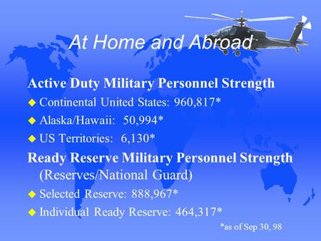 At Home and Abroad Active Duty Military Personnel Strength u Continental United States: 960,817* u Alaska/Hawaii: 50,994* u US Territories: 6,130* Ready.