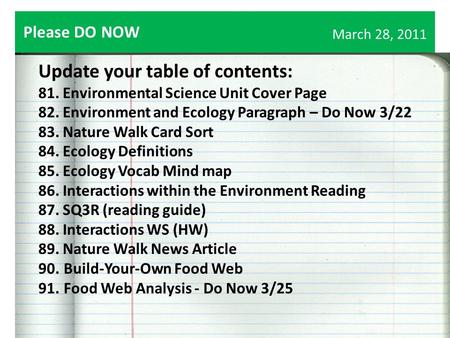 March 28, 2011 Update your table of contents: 81. Environmental Science Unit Cover Page 82. Environment and Ecology Paragraph – Do Now 3/22 83. Nature.