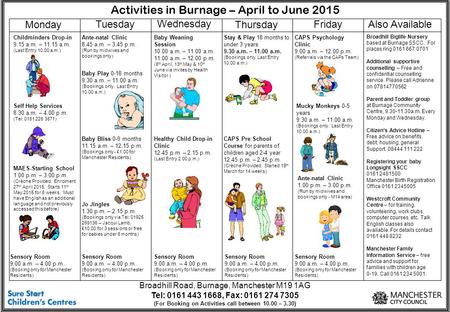 Activities in Burnage – April to June 2015 Monday Tuesday Wednesday Thursday Friday Childminders Drop-in 9.15 a.m. – 11.15 a.m. (Last Entry 10.00 a.m.)