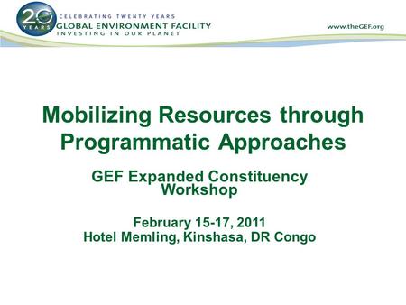Mobilizing Resources through Programmatic Approaches GEF Expanded Constituency Workshop February 15-17, 2011 Hotel Memling, Kinshasa, DR Congo.