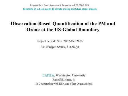 Observation-Based Quantification of the PM and Ozone at the US-Global Boundary CAPITACAPITA, Washington University Rudolf B. Husar, PI In Cooperation with.