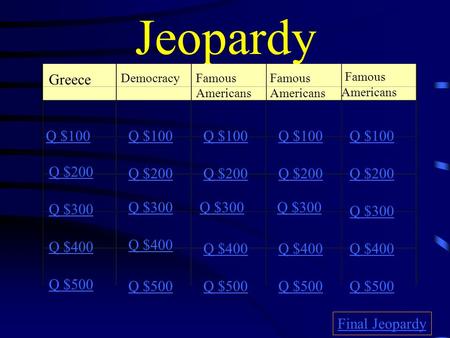 Jeopardy Greece DemocracyFamous Americans Q $100 Q $200 Q $300 Q $400 Q $500 Q $100 Q $200 Q $300 Q $400 Q $500 Final Jeopardy.