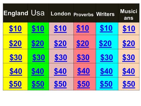 $10 $20 $30 $40 $10 $20 $30 $40 $30 $20 $10 England London Proverbs Writers Usa Musici ans $40 $30 $20 $10 $50.