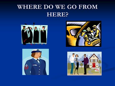 WHERE DO WE GO FROM HERE?. WHAT’S NEXT? COLLEGE/ UNIVERSITY COLLEGE/ UNIVERSITY CAREER APPRENTICESHIP TECHNICAL COLLEGE MILITARY.