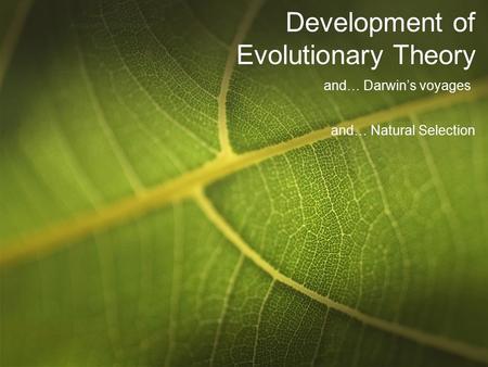 Development of Evolutionary Theory and… Darwin’s voyages and… Natural Selection.