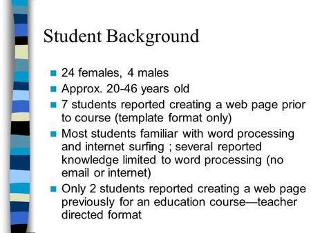 Student Background 24 females, 4 males Approx. 20-46 years old 7 students reported creating a web page prior to course (template format only) Most students.
