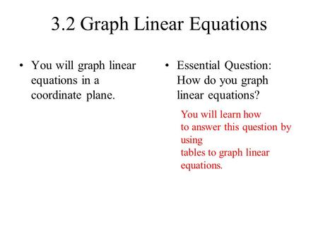 3.2 Graph Linear Equations You will graph linear equations in a coordinate plane. Essential Question: How do you graph linear equations? You will learn.