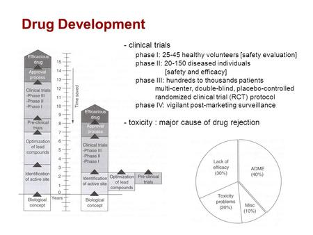 Drug Development - clinical trials phase I: 25-45 healthy volunteers [safety evaluation] phase II: 20-150 diseased individuals [safety and efficacy] phase.