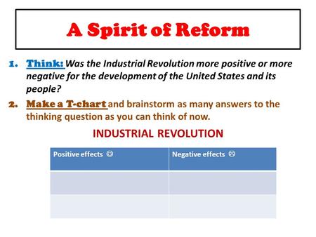 A Spirit of Reform 1.Think: Was the Industrial Revolution more positive or more negative for the development of the United States and its people? 2.Make.