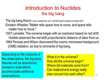 Nuclides1 Introduction to Nuclides the big bang The big bang theory www.uwaterloo.ca/~cchieh/cact/nuctek/universe.html Einstein-Wheeler: Matter tells.