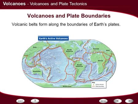 Volcanoes - Volcanoes and Plate Tectonics Volcanoes and Plate Boundaries Volcanic belts form along the boundaries of Earth’s plates.
