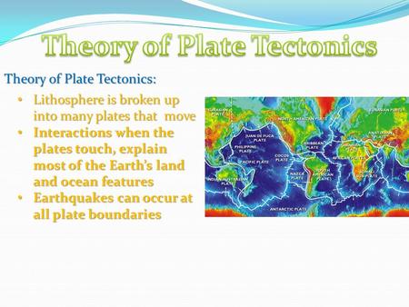 Theory of Plate Tectonics: Lithosphere is broken up into many plates that move Lithosphere is broken up into many plates that move Interactions when the.