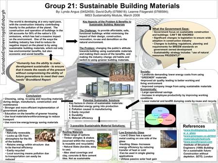 Group 21: Sustainable Building Materials By: Lynda Angus (0452459); David Duffy (0788618); Leanne Fitzgerald (0788584);