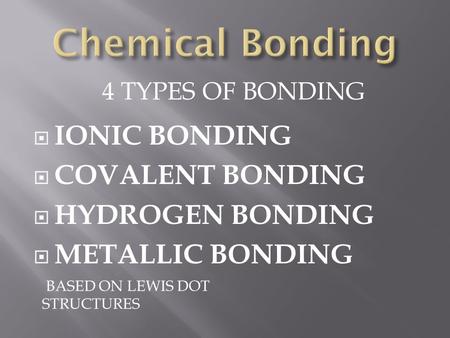 BASED ON LEWIS DOT STRUCTURES 4 TYPES OF BONDING  IONIC BONDING  COVALENT BONDING  HYDROGEN BONDING  METALLIC BONDING.