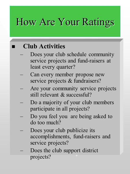 How Are Your Ratings Club Activities Club Activities –Does your club schedule community service projects and fund-raisers at least every quarter? –Can.