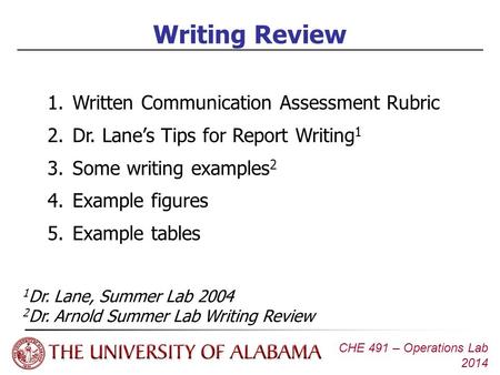 CHE 491 – Operations Lab 2014 Writing Review 1.Written Communication Assessment Rubric 2.Dr. Lane’s Tips for Report Writing 1 3.Some writing examples 2.