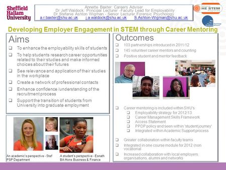 Developing Employer Engagement in STEM through Career Mentoring Aims  To enhance the employability skills of students  To help students research career.