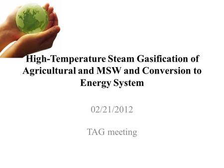 High-Temperature Steam Gasification of Agricultural and MSW and Conversion to Energy System 02/21/2012 TAG meeting.